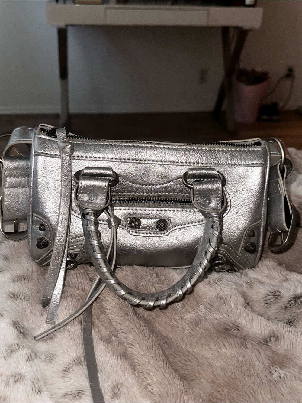 Metallic Silver Women's Leather Satchel Shoulder Bag